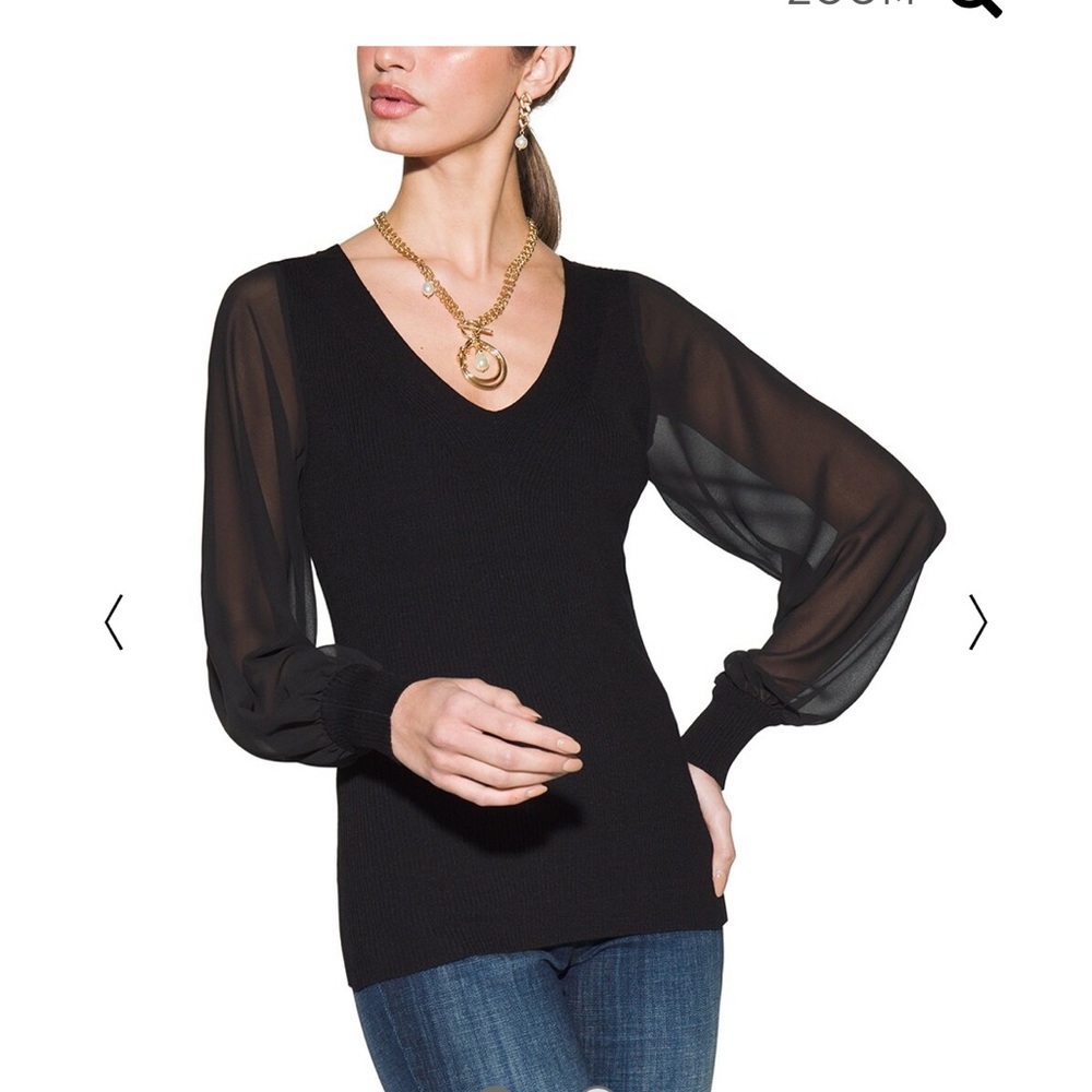 WHBM Sheer-Sleeve V-neck in Black - Size Large